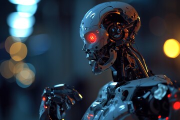 Futuristic cyborg with robotic arm stands illuminated in modern, A robot standing in front of a neon light, emitting a futuristic glow, AI generated