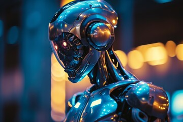 Fototapeta premium Futuristic cyborg with robotic arm stands illuminated in modern, A robot standing in front of a neon light, emitting a futuristic glow, AI generated