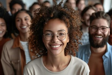 Fototapeta premium The beautiful young woman with a gentle smile on her face is wearing eyeglasses and is surrounded by a diverse group of people, including a well-groomed bearded man, all laughing