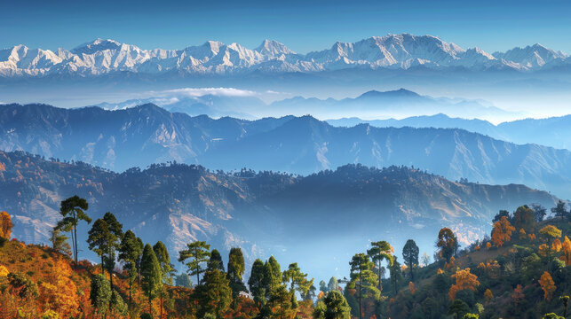 A stunning view of the Himalayas during autumn from Kausani, a hill station in Uttarakhand, India.