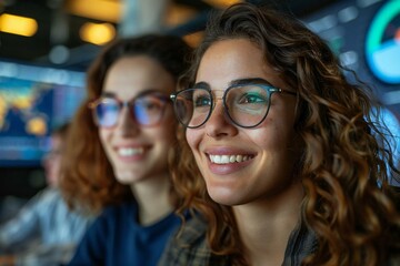 The two beautiful women, one wearing eyeglasses, are smiling and laughing as they work on creating insightful dashboards with data process workflows and KPI reports with metrics connected