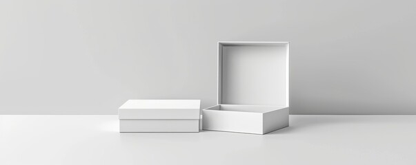 Illustrate a product packaging concept for a luxury brand, featuring three minimalist white boxes