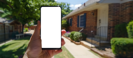 A Hand holding a phone mockup on house background. Smartphone with blank white screen in male hand on a property site. Investments and an application for choosing real estate.