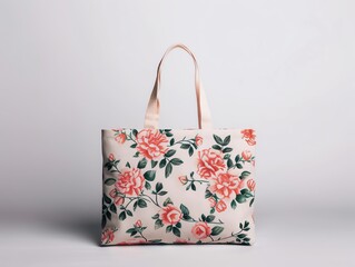 Floral printed tote bag with pink handles.