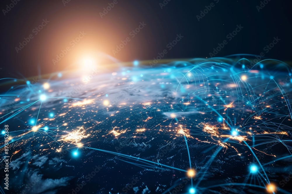 Poster image showing a network of lines linking countries across the globe, futuristic computer network con