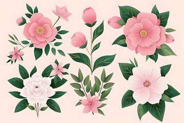 Elegant illustration of pink and white flowers with green leaves on soft pastel background