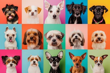 A collection of adorable puppies and dogs in various  expressions.