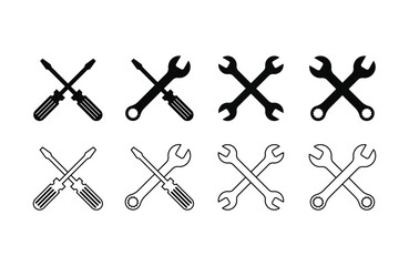 set of tools icon wrench and screwdriver silhouette and outline design on white background