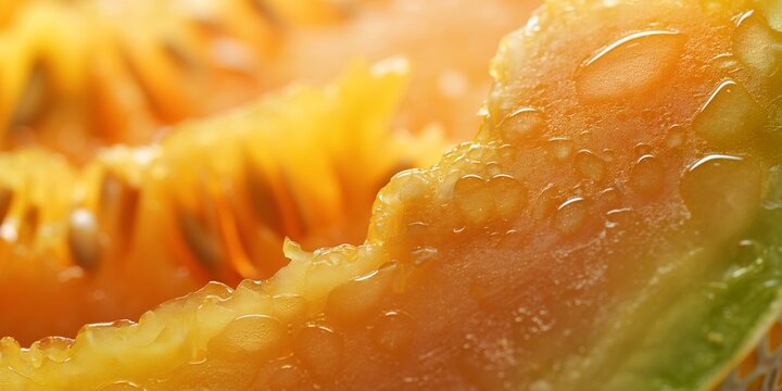 Juicy, golden melon flesh, highlighting its sweet and delicious nature with droplets of freshness.