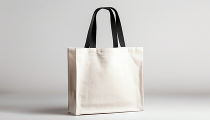 White canvas tote bag with black handles isolated on white background.