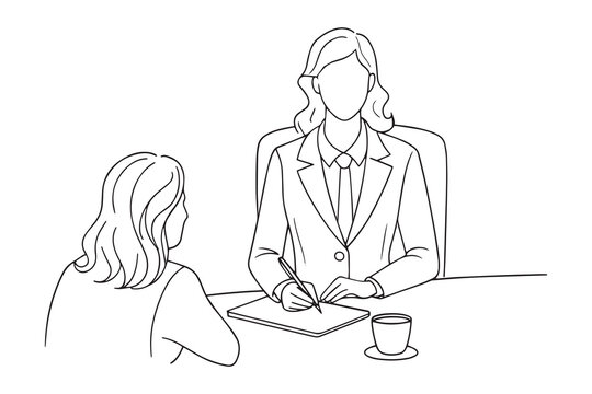 recommend clip art: woman in business attire sitting across from an interviewer at a job interview continuous line art vector illustration.