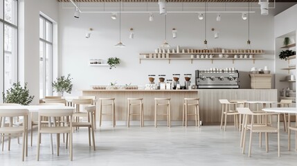 Scandinavian coffee shop interiors feature minimalist design with clean lines, light tones, natural materials, and ample natural light, ensuring a warm and welcoming ambiance.
