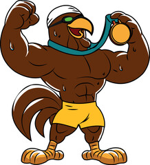 A winning chicken man wearing a bathing cap and diving goggles, holding a gold medal in his hands