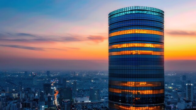 A modern skyscraper featuring corporate branding