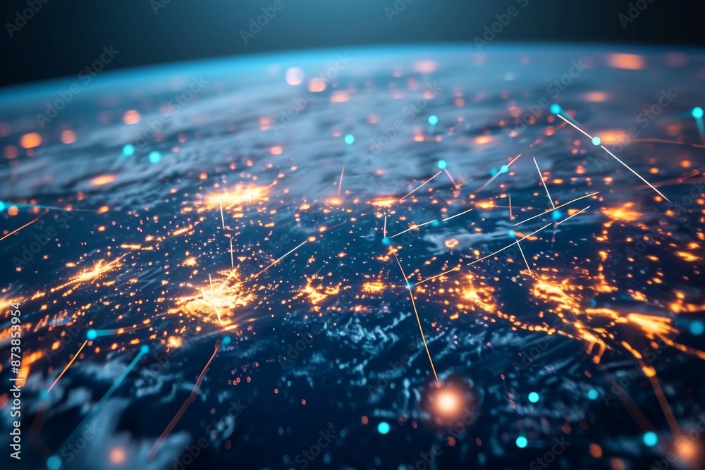 Poster a globe with interconnected lines symbolizing global connectivity, futuristic computer network conne