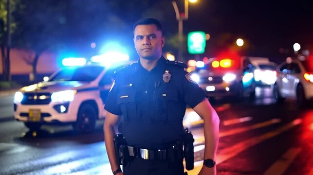 Policeman on Duty at Night with Emergency Lights