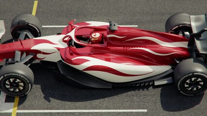 Camera orbits around a generic formula one race car starting from pole position revealing the cars behind. Low angle view. Starting race cars move past the camera. 3d animation rendering