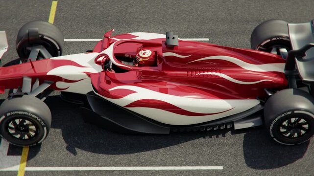 Camera orbits around a generic formula one race car starting from pole position revealing the cars behind. Low angle view. Starting race cars move past the camera. 3d animation rendering