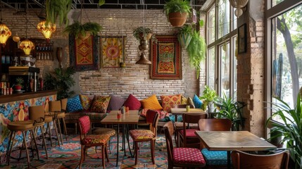 A Bohemian coffee shop interior blends vibrant colors, patterns, textures, vintage furniture, lush plants, and artistic decor for a relaxed, eclectic vibe.
