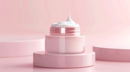 A jar of cream sits elegantly atop a soft pink background.  