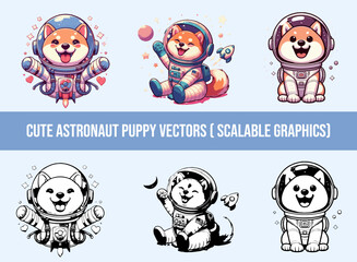 Cute astronaut puppy set of icons happy and cheerful colored and black and white logo