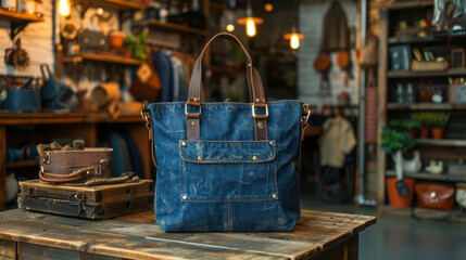 A pair of tote bags on an antique wooden table, surrounded by various handcrafted items and accessories in the background.