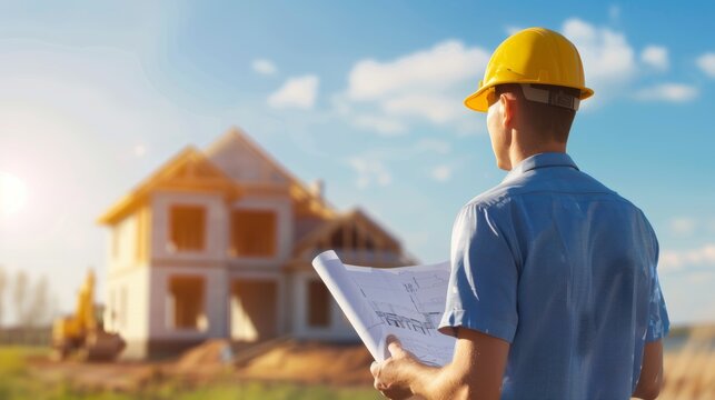 Construction worker in hardhat examines blueprints at a new home construction site.