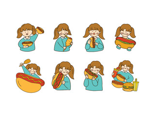 Cute Children Eating Hotdog Illustration 