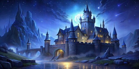Fototapeta premium Fantasy castle in the night , castle, fantasy, night, stars, moon, magical, enchanting, dreamy, spooky, architecture, medieval, fairy tale, mystery, shadows, darkness, exterior