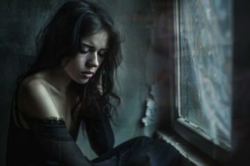 Fototapeta premium Pensive young woman looks down thoughtfully as rain streaks down the window beside her