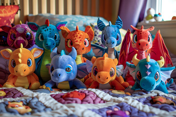 Obraz premium Charming assortment of colorful plush dragon toys with detailed stitching. Toy concept