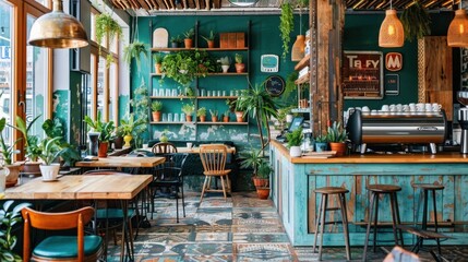 Eclectic coffee shop interior design styles: Bold and creative with a mix of different styles, colors, and patterns, creating a unique and personalized space.
