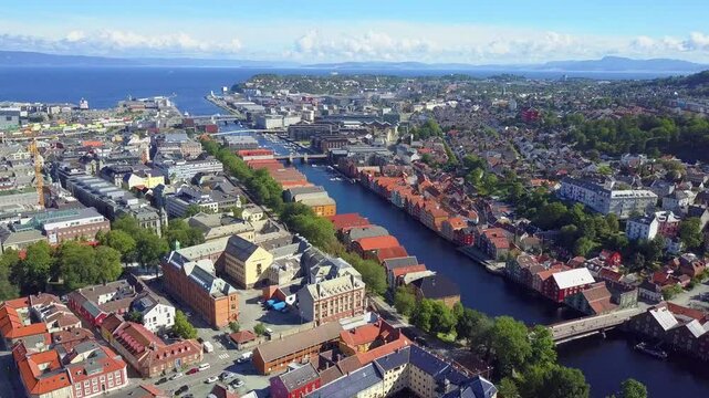 Colorful old houses at the Nidelva river embankment aerial panoramic view in the center of Trondheim town in Norway