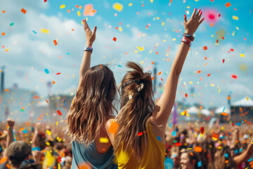 Obraz premium Young women revel in the energy of youth at an outdoor music festival, surrounded by cheering crowds and confetti.