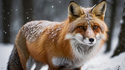 Fototapeta premium Fox Hunting in a Snowy Forest with a Snowy Coat