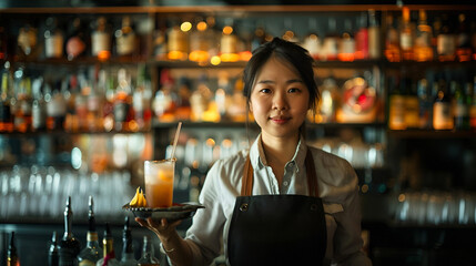 Female bartender serving a vibrant cocktail