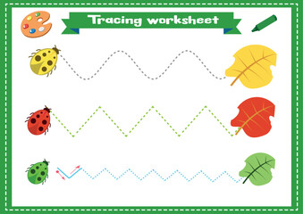 Trace line page game for kids with leaves and ladybugs. Preschool or kindergarten tracing worksheet with dashed lines for practicing fine motor skills.Handwriting practice sheet