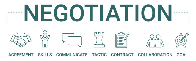 Negotiation concept banner icon contain of agreement, skills, communicate, tactic, contract, collaboration, and goal vector illustration