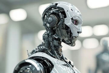 View of graphic 3d robot, A metallic robot with a sleek body and a head,  AI generated