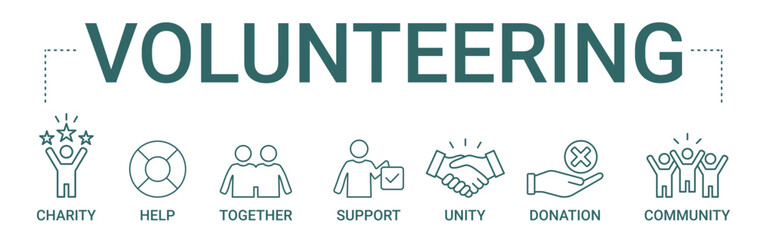 Volunteering concept banner icon contain of charity, help, together, support, unity, donation, and community vector illustration