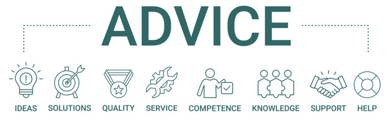 Advice concept banner icon contain of ideas, solutions, quality, service, competence, knowledge, support, and help vector illustration