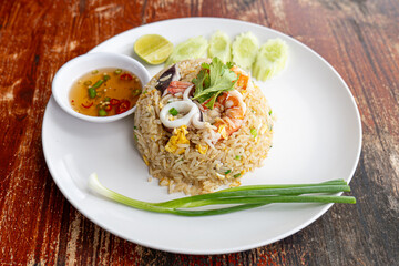 Seafood Fried Rice with fish sauce, Thai Street Food.