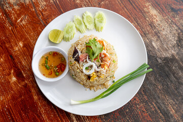 Seafood Fried Rice with fish sauce, Thai Street Food.
