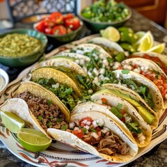 Close up view of delicious traditional tacos arrangement with flower
