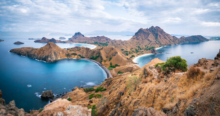 Panoramic view from the top of Padar Island in Komodo Island National Park, view of the three bays of the island, Labuan Bajo, Flores, Indonesia