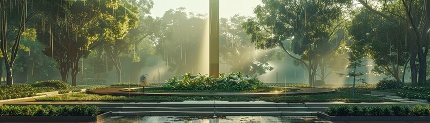 Unity Monument, Gleaming metal structure, Symbolizing global harmony and cooperation, Lush green park surrounding the monument, Rain drizzling, 3D Render, Golden hour