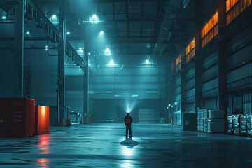 Obraz premium Security guard patrolling a warehouse at night.