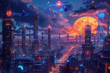 Fototapeta premium Futuristic cityscape protected by drones and automated systems.