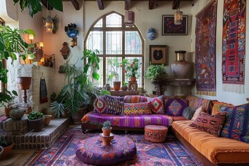 Bohemian living room with eclectic furniture and plants.