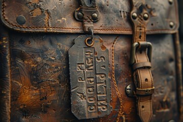 Macro photograph of a weathered cargo tag on a suitcase.